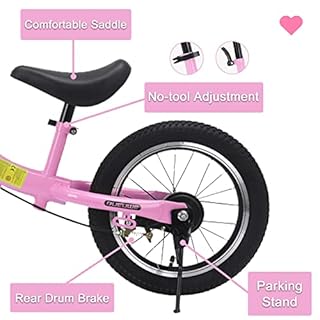 Bueuwe 14/16 inch Balance Bike for 3 4 5 6 7 and 8 Years Old Boys Girls,No pedal Training Bicycle with Brake and Kickstand,Adjustable Seat Height,Air Tires,Outdoor for Outdoor Sports,Pink,16 in