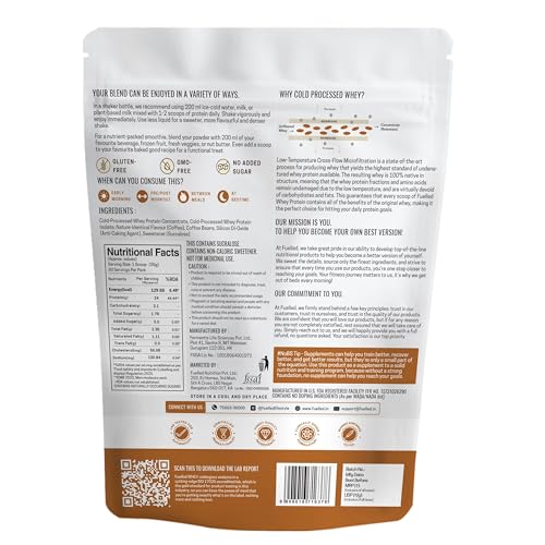 Image of FUELLED Whey Protein Powder Concentrate & Isolate with 24 g Protein, 5 g BCAA (4 kg, 120 Servings) Lab Tested with Premium Metallic Shaker (Iced Latte)