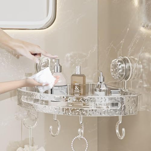 Image of Bathroom Corner Shelf for Wall with Strong Suction Cups - Transparent Acrylic Triangle Storage Rack with Utility Hooks, No-Drill Bathroom Organizer for Shampoo, Soap & Accessories (Round 2 Pcs)