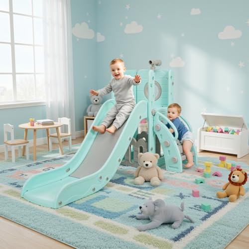 Kinderrutsche, für 1-3 Jahre, Indoor & Outdoor Rutsche ab 1 Jahre, Freistehende Rutsche mit Stauraum & Spielteleskope, Gartenrutsche, Kinder Spielplatz, mit 2PCS Moduls, Grün Grau