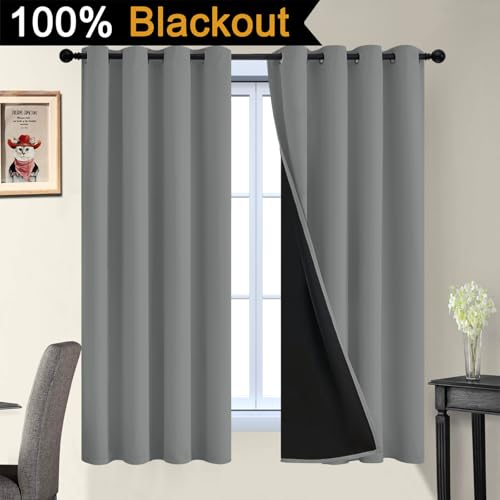 Image of Yakamok Dove Grey 100% Blackout Curtains 63 Inches Long 52 inch Wide 2 Panel | Blackout Curtain Panels for Bedroom, 2 Thick Layers Grommet Top Thermal Insulated Drapes with Black Liner for Living Room