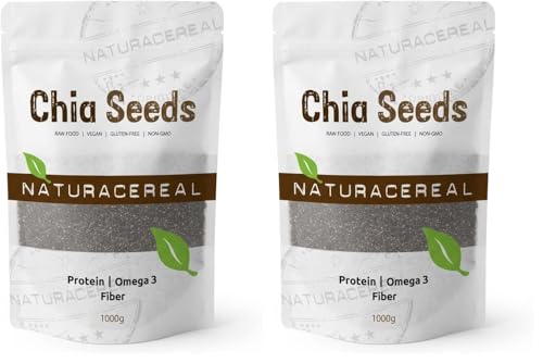Naturacereal Chia Samen 1kg – Rico en Omega 3, Fibra & Fuente de Proteínas Vegetales, Potencia de la Naturaleza, Ideal para Batidos, Pudines y más – Cosechado Éticamente (Paquete de 2)