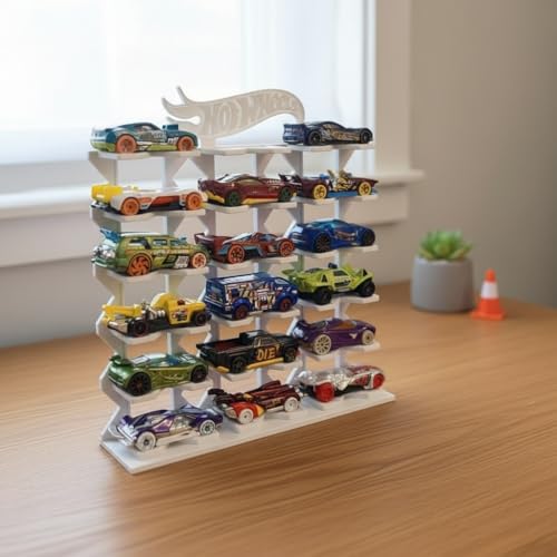 Image of Premium 18-Car Display Rack in Pure White for Hot Wheels & 1:64 Scale Cars, Eco-Friendly Biodegradable Plastic, 24 cm H x 22.3 cm B x 4.8 cm W (***Toy Cars NOT Included***)