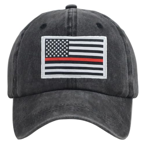 Image of Thin Red Line American Flag Hat, Cotton Adjustable Embroidered Firefighter Baseball Cap for Men Women