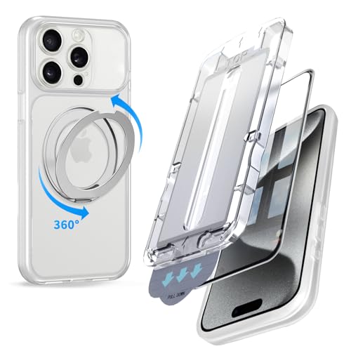 Loodoomo iPhone 15 Pro Max �p�� �P�[�X �����O �b�� �ɂȂ�iphone17�y360°��]�X�^���h�E�p�x���R�����z magsafe�Ή� 9H�����K���X�t�B����1�� �[�����s�̃K�C�h�g�t�� �����\��t�� �\��t�����ȒP ��phon