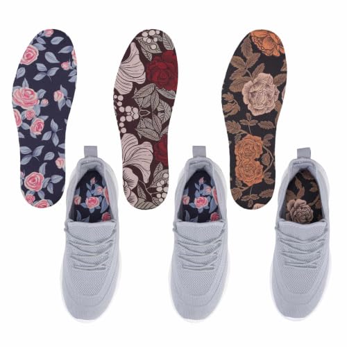 Image of Washable Barefoot Shoe Insert Sockless Shoe Liner Thin Shoe Inserts for Women 3 Pairs No Show Socks Rose Print Large