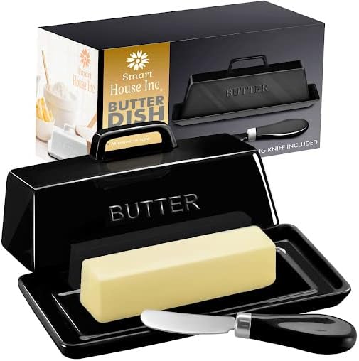 Ceramic Butter Dish Set with Lid and Knife [Black] Decorative Butter Stick