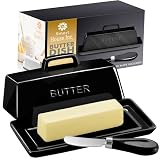 Ceramic Butter Dish Set with Lid and Knife - [Black]- Decorative Butter Stick Holder with Handle for