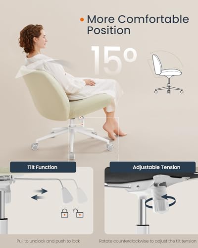 SONGMICS HOME Criss Cross Chair with Wheels, Armless Wide Comfortable Cross Legged Office Desk Vanity Chair, Adjustable Swivel, for Home Office, Cotton-Linen Fabric, Cream White UOBG047W03 - Thumbnail 5
