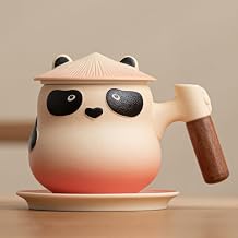 Novelty Panda Ceramic Tea Strainer Cup with Coaster and Lid,Cute Panda Warrior Cup with Wood Handle for Loose Leaf Tea Steeper,Juicing, Milk, Coffee, kola, Kombucha, Home Office. pink