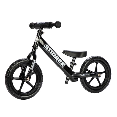 Strider 12” Sport Bike, Black - No Pedal Balance Bicycle for Kids 1 to 4 Years - Includes Safety Pad, Padded Seat, Mini Grips & Flat-Free Tires - Tool-Free Assembly & Adjustments