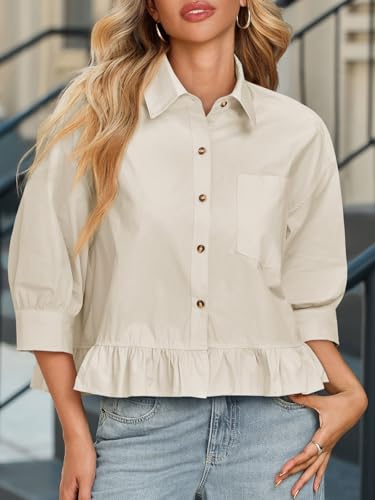 Cicy Bell Womens Cropped Button Down Shirts 3/4 Length Sleeve Casual Cotton Blouses Loose Fit Ruffle Hem Tops Khaki — view 2