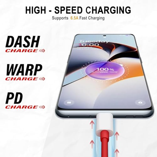 Image of Oneplus Original Type C to C Cable 65W Dash /Warp /SuperVooc Charging Data Cord [10V /6.5A] Compatible with OnePlus 12 /12R /11 /11R 5G /10R /10T /9 /9R /9 Pro /9RT /8T /Nord Series, USB C Charger Adapter Cord, Red