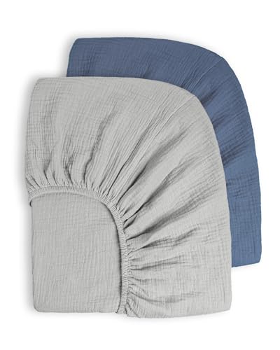 Image of Bearmoss Muslin Crib Sheets 100% Cotton Baby Crib Sheets Fitted for Standard Crib Mattress & Toddler Bed Mattress 52"x28" Soft Breathable Crib Sheets Neutral for Boys Girls - 2 Pack (Blue Elephant)