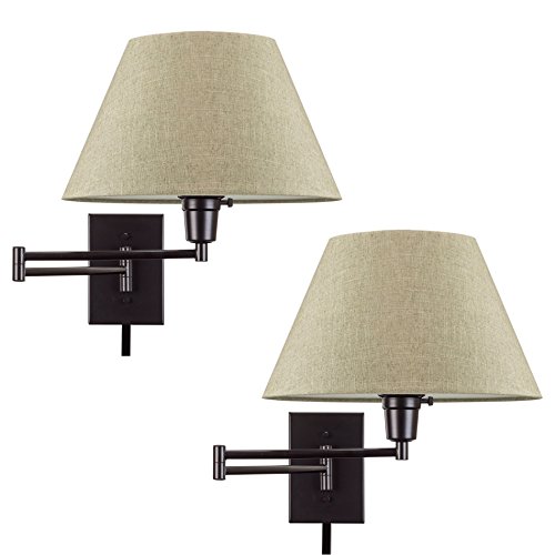Kira Home Cambridge 15" Set of 2 Modern Swing Arm Wall Sconce with Latte Mocha Empire Fabric Shade, 2-in-1 Plug in or Hardwired Wall Lamp with 3-Way Switch, Black Finish by Kira Home - Used condition - US$110.49