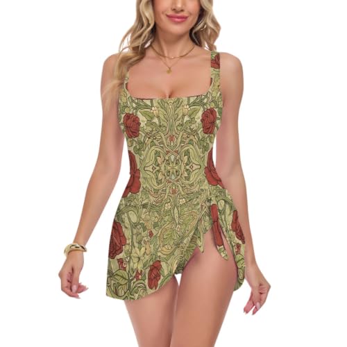 Traje de baño con falda para mujer en diseño vintage de rosas rojas William Morris