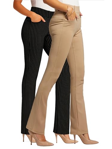 Conceited 2-Pack Stretch Slacks for Women - Wear to Work - Bootcut Dress Pants with Pockets - All Pinned Up, Khaki - (Large)