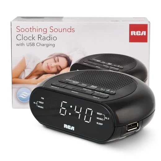 RCA RCS27 Digital Radio Alarm Clock with Soothing Sounds, Brightness Control, and USB Charging Port