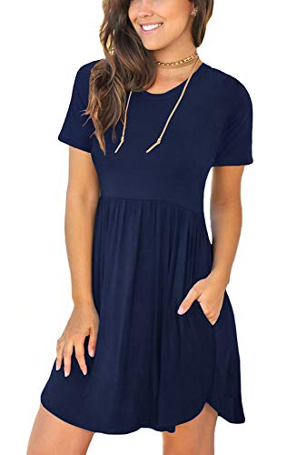 Longyuan Casual Woman Short Sleeve Loose Dresses Swing Sundresses With Pockets Navy Blue X-Large #TOP23