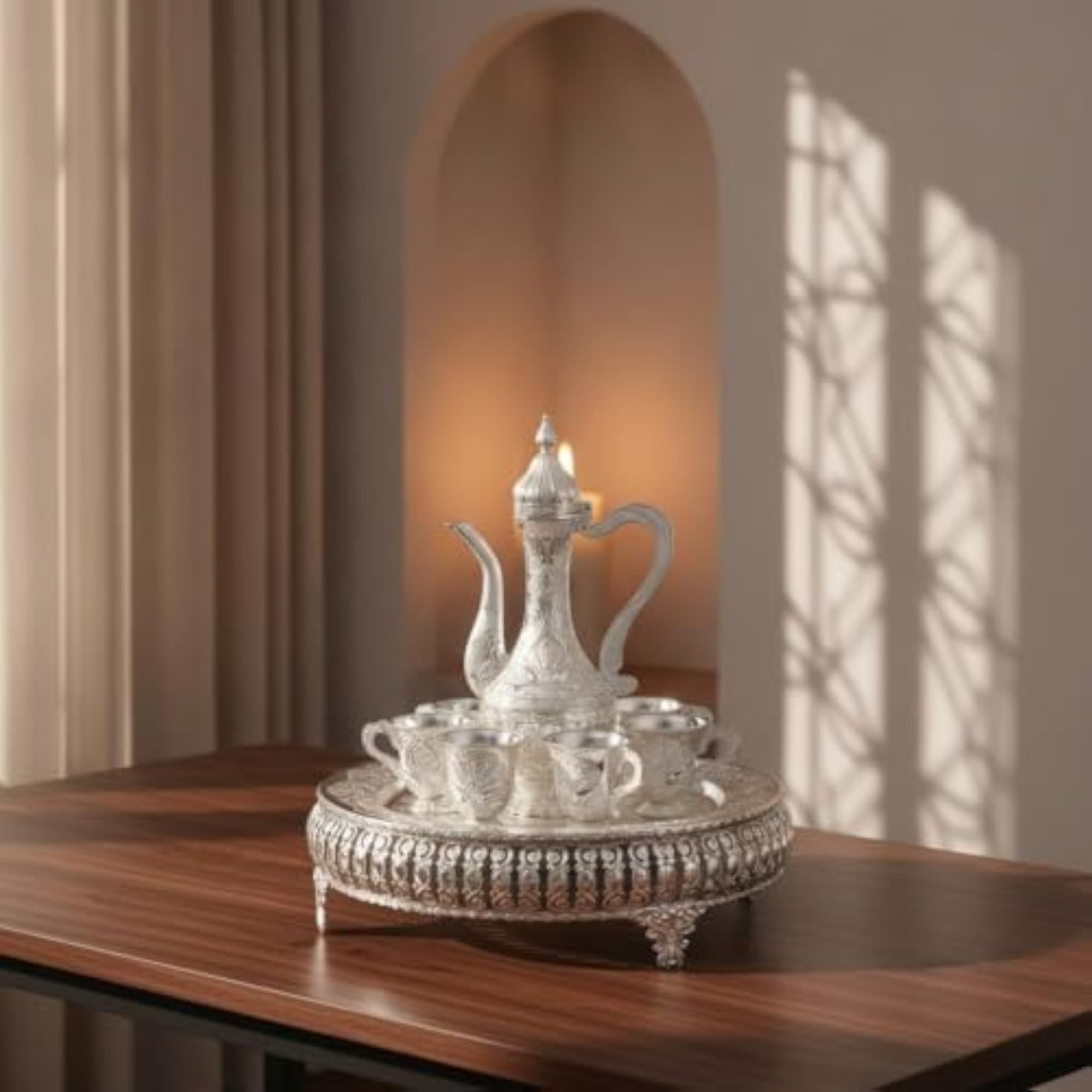 Ornate Tea Service with Tray, Metallic-Finish