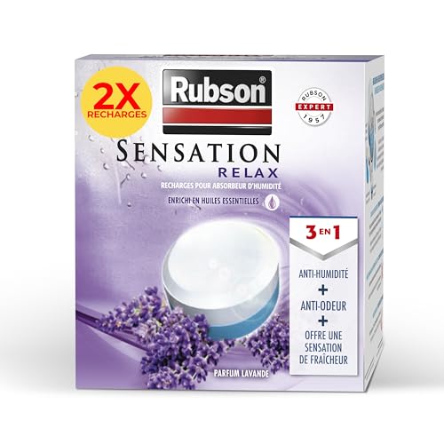 Rubson Sensation Relax Recharges universelles pour absorbeur d'humidité parfum lavande (2 x 300 g) – Recharges 3 en 1 anti-humidité, anti-odeur et...
