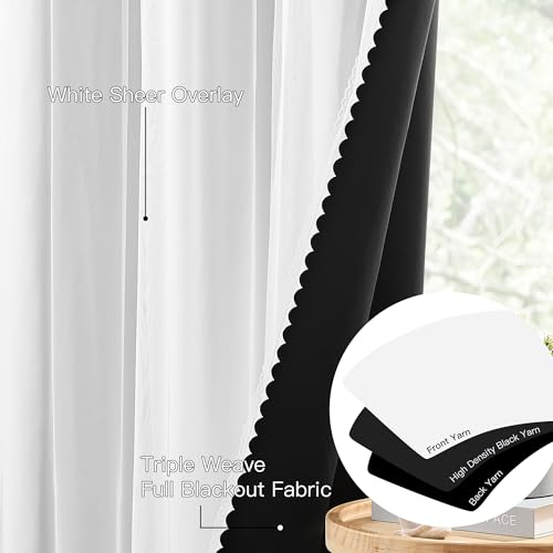Image of XiDi 100% Blackout White Curtains with Sheer Overlay 84 Inches Long Double Layer Curtains for Living Room Girls Kids Bedroom Light Blocking Thermal Insulated Drapes Grommet Set of 2 White 34W x 84L