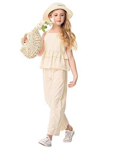 Image of Girl's 2 Piece Striped Outfits Cami Top Wide Leg Pants Ruffle Hem Summer Clothes with 2 Pockets 3-14Y