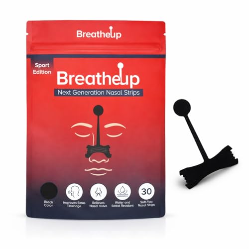 BreatheUp Next Generation Nasal Strips, Soft-Flex Material, Water Resistant, Drug-Free, 30 Count (Black Strips- Sport Edition)
