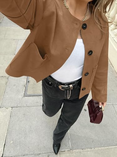 Cicy Bell Womens Faux Suede Leather Jackets Trendy Casual Cropped Outerwear Button Down Collarless Short Bomber Shackets2