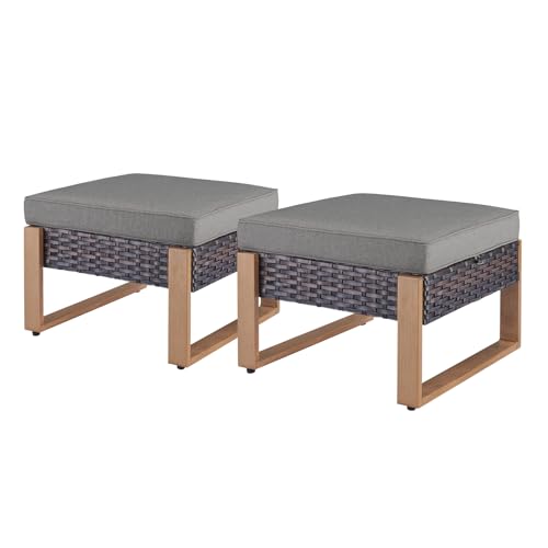 Rilyson Outdoor Ottoman Wicker Patio Footrest - 2 Piece Footrest Footstools Set with Sturdy Frame,All-Weather PE Wicker, Thick Cushions for Deck Porch Garden(Brown/Grey)