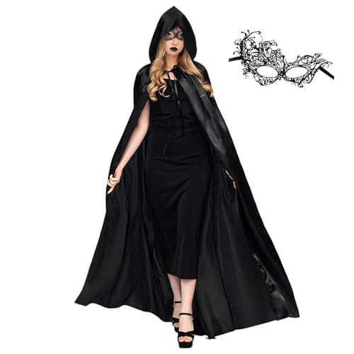 LKOIVNED Mantello Cappuccio con Maschera Occhi, Costume Halloween Bambina Nero Mantello Vampiro per Bambino Carnevale Halloween Fancy Dress Masquerade Mietitore Strega Cosplay Party (M)