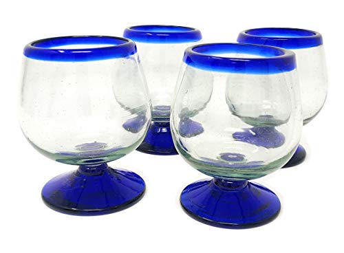 Mexican Hand Blown Glass – Set of 4 Hand Blown Cognac Snifter Glasses - Cobalt Blue Rim