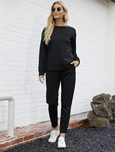 Bofell Womens Two Piece Outfits Soft Long Sleeve Lounge Sets Black Fashion Sweatsuits Sets 2XL