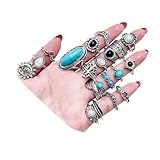 17IF 19 Pcs Vintage Silver Knuckle Rings Set for Women Turquoise Bohemian Black Crystal Colorful Stone Rings Aesthetic Grunge Stackable Gothic Ring Adjustable Punk Bulky Boho Finger Alt of Ring Pack