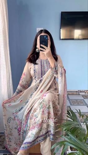 Image of Womens Pure Silk Full Sleeves Round Neck Kurti With Pants And Dupatta 3-Piece Ethnic Wear-Off