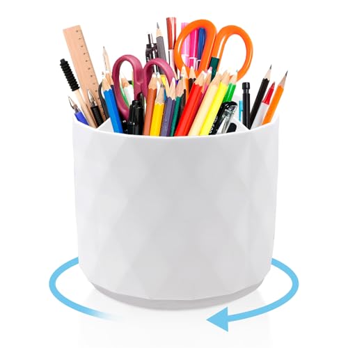 LTHERMELK Organizzatore per penne grande, 5 scomparti, girevole, portapenne, accessori per ufficio, contenitore girevole a 360°, bianco (14 x 12 cm), per ufficio, materiale artistico