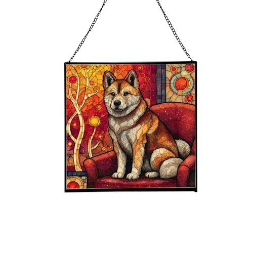 Kai Ken Dog Christmas Stained Glass Suncatcher – Square Hanging Holiday Window Panel with Cozy Fireplace Scene – Winter Glass Art Decoration Gift for Animal Lovers, Pet Owners 2VnZib