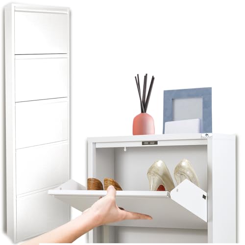 Scarpiera Salvaspazio Slim BIANCA (5 Ante 15 Paia, Nessun Montaggio) Struttura in Metallo resistente (no plastica, tessuto, or legno), per Interni/Esterni, Scarpe/Stivali, Garanzia 15 Anni