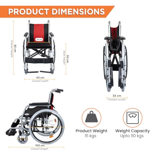 Image of Vissco Superio Aluminium Wheelchair Foldable, Lightweight with Heavy Duty Wheels and Plastic Rim, for Elderly and Patients, Portable and Travel-Friendly, Durable Frame