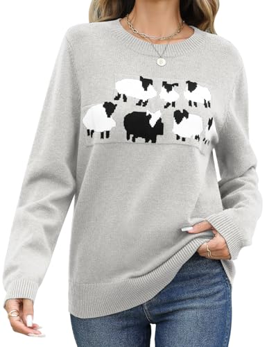 PASUDA Jerseys Mujer Cuello Redondo Manga Larga en Punto Jerséis con Estampado de árbol de Navidad y Estampado Fair Isle Casual Grande SuéTer (Alpaca Gris, L)