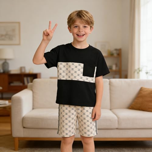 Image of Ayzozuy Boy Clothes Colorblock Top + Drawstring Waist Shorts 2 Pieces Kid Summer Outfits Set