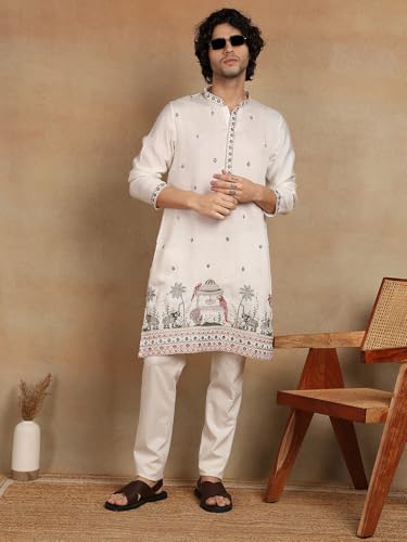 Image of Amazon Brand - Tavasya Men Printed Kurta with Ethnic Motif Border | Special Haldi Kurta | Festive Embellished Long Kurta | Embroidery Kurta | Ethnic Wear | Mandarin Collar | Knee Length