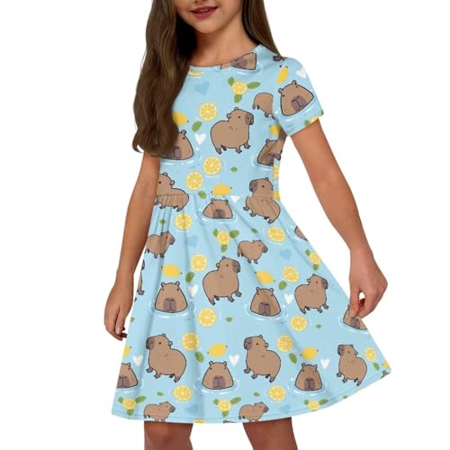 Image of Girls Dress with Pockets Basic Short Sleeve High Waist Swing Skater Dress School Party Dress for Kids