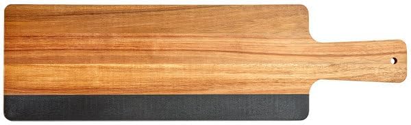 Acacia Wood and Slate Serving Board, 17.5x7 Inch with 6 Inch Handle, Rectangle Charcuterie Board, Brown and Black, Pre-Seasoned
