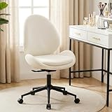 Furniliving Chenille Desk Chair, Armless Adjustable Swivel Office Chair with Rolling Wheels, Upholstered Thick Double-Layer Cushion Vanity Chair for Bedroom Home Office, White