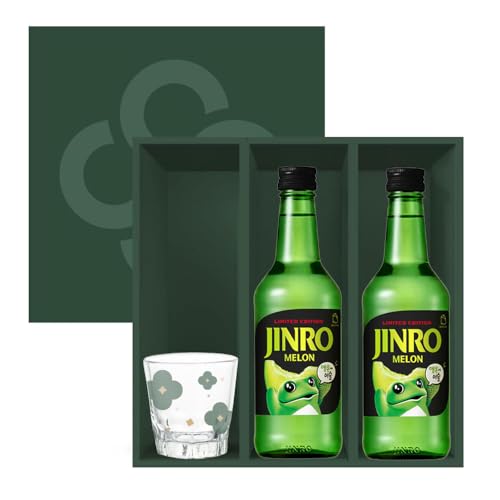 Jinro Chamisul Soju - Melon Flavour 350ml 13% Alc./Vol Gift Set 2x Korean Soju Bottles with Shot Glass & Gift Box | Limited Edition Melon Flavour