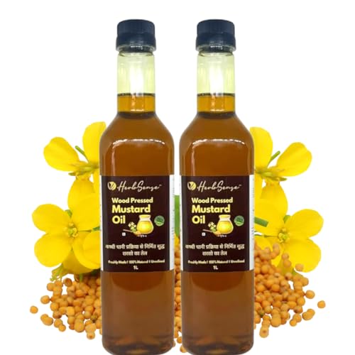 Image of Herbsense Wood Cold Pressed Mustard Oil,Sarso Ka tel- Unrefined & Unfiltered -Zero Added Preservatives & Chemicals,Kachi Ghani /Marachekku Oil,Pure Healthy Cooking Oil,Hair Oil, 1L Pack of 2