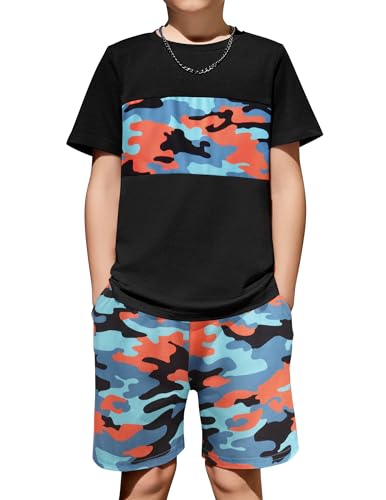 Image of Arshiner Boys' 2-Piece Cotton Outfit Color Block T-Shirt and Shorts Set Summer Camo Clothes for Kids 5-14 Years