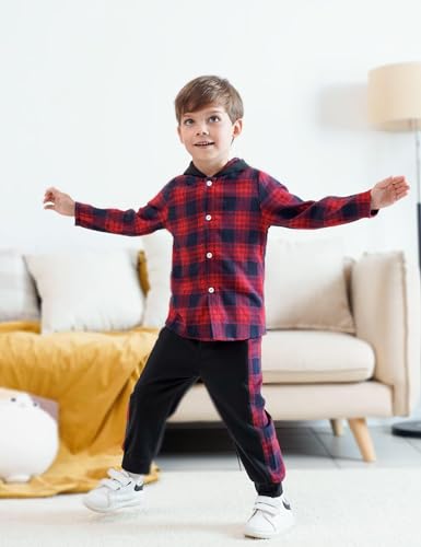 Image of Fuermos Toddler Baby Boys Clothes Flannel Lattice Button Down Hooded Tops +Pants Boys Fall Winter Outfits