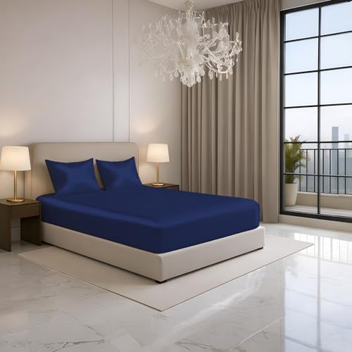 Image of Luxe Ere Elastic Fitted Satin Bedsheet Queen Size (78x60) with 2 Pillow Covers, Ultra-Smooth 300TC Silky Fabric, Perfect for Home Decor, Gifting & Romantic Escapes-Imperial Indigo
